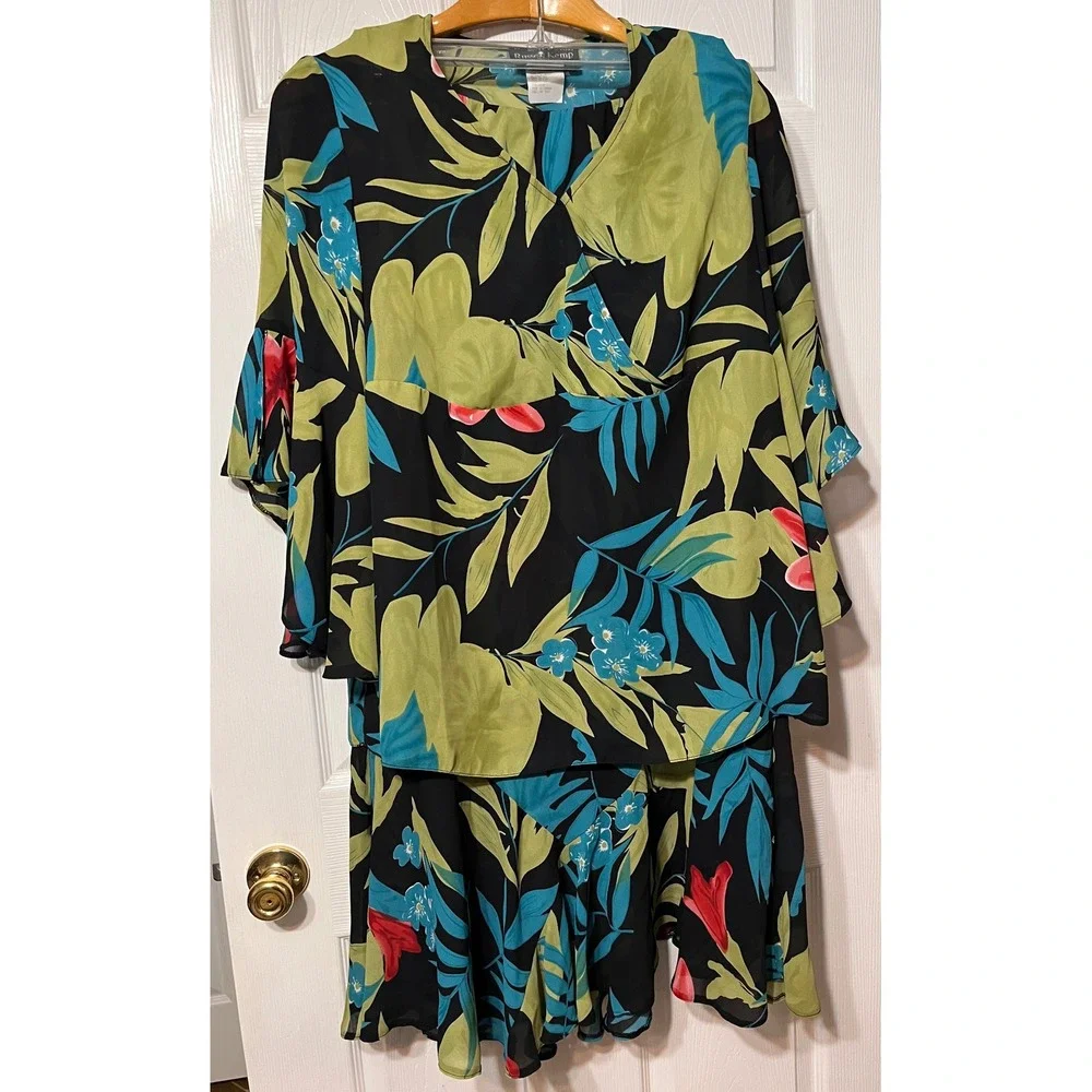 Russell Kemp Woman Tropical Floral Skirt Set 2pc Black Green‎ Blue Pink 14/16